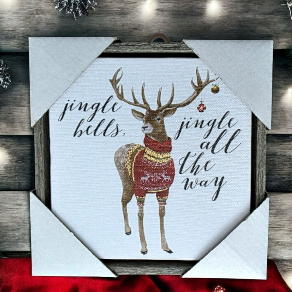 Holiday Reindeer Canvas Wall Art Wood Frame Sweater Jingle Bells Christmas Gift